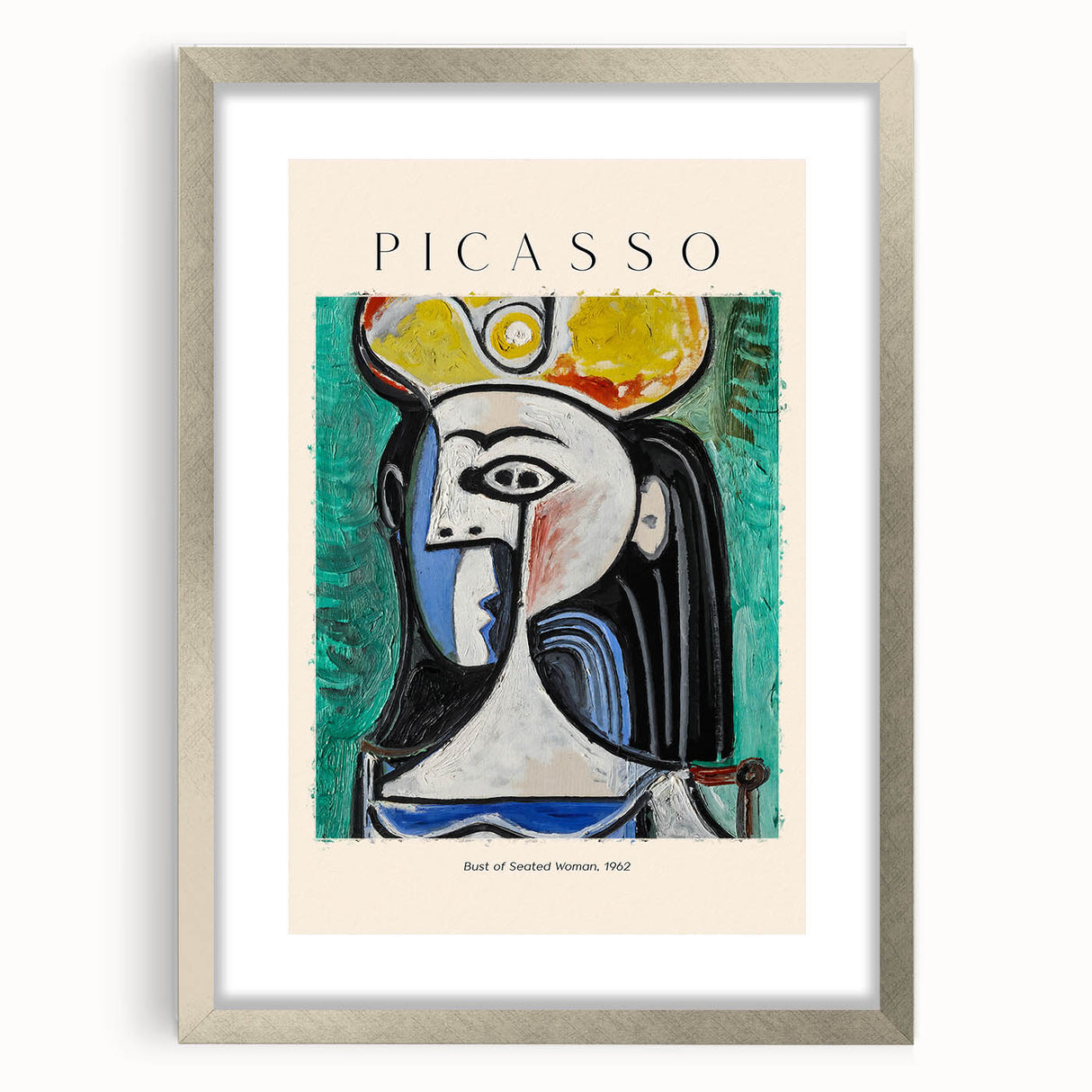 Textured abstract art print in a silver frame with mat, featuring swirling blue and gray tones, ideal for bedroom art.