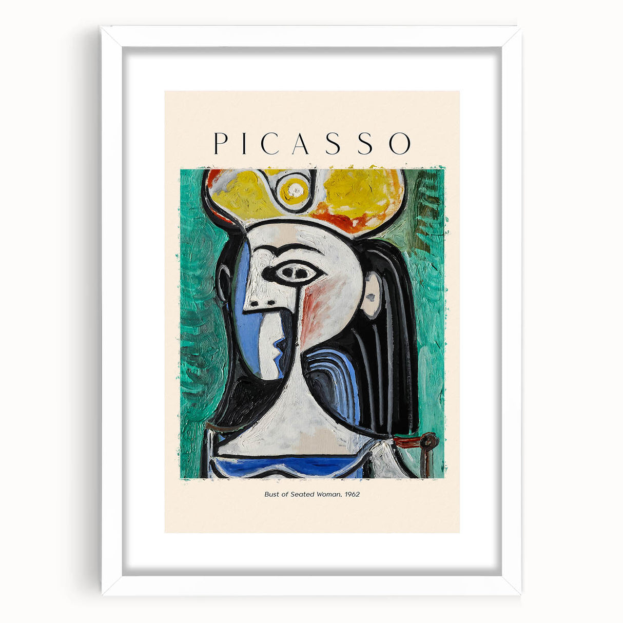 Abstract art print featuring geometric shapes in bold primary colors on white framed canvas.