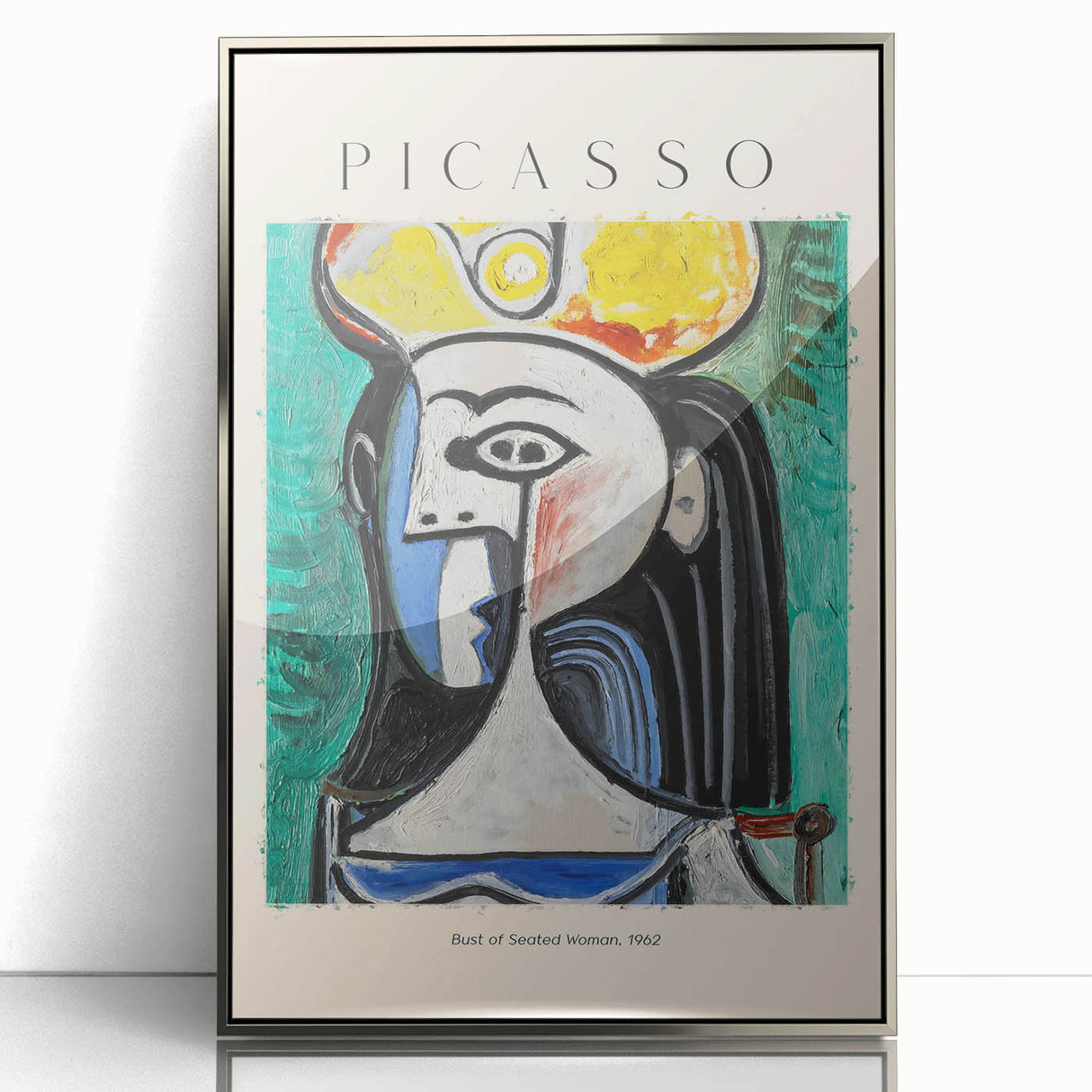 Mid-century modernist art deco poster featuring abstract geometric shapes in muted silver and gray tones, framed acrylic.