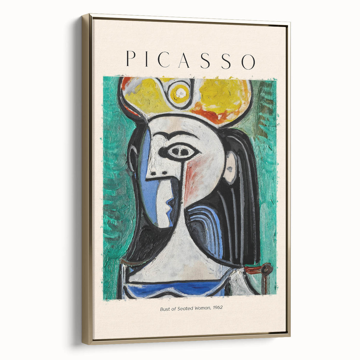 Framed canvas featuring a vintage Picasso design in black and gold, ideal for bedroom wall art.