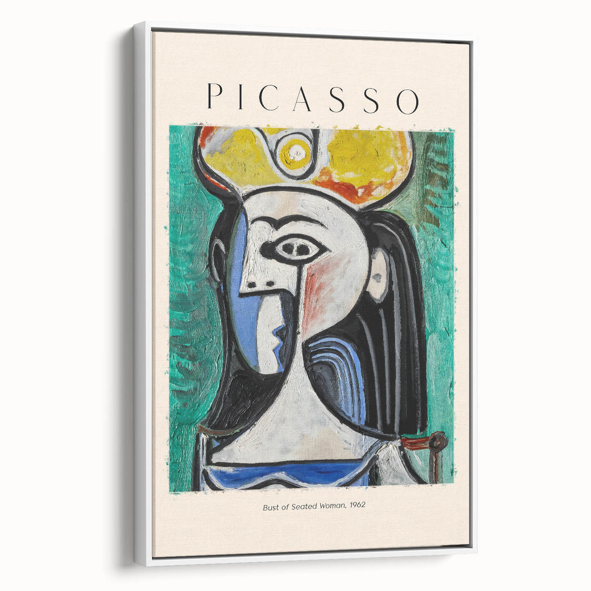 Vintage poster art featuring a Picasso-inspired abstract design in colorful tones on a large framed canvas.