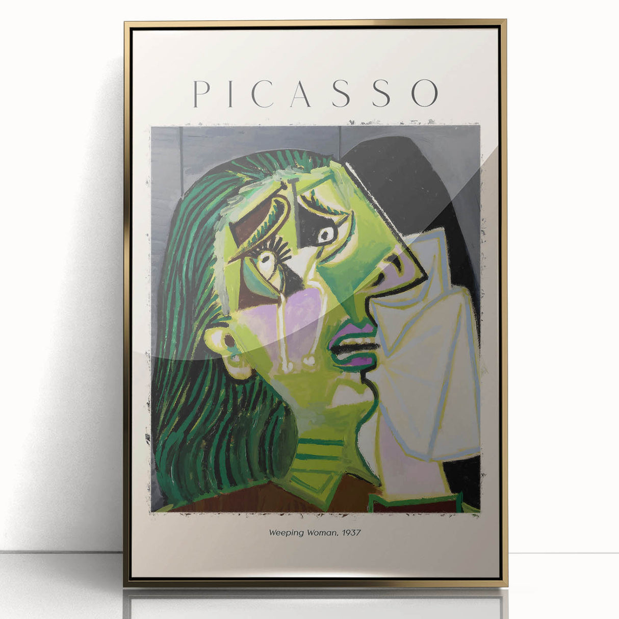 Large art print of a mid-century modernist abstract design in gold and black, framed acrylic.