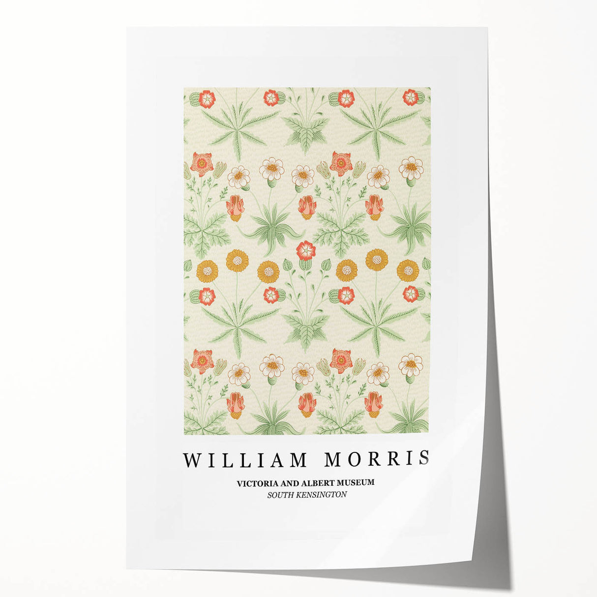 William Morris floral design in muted green and pink hues on a rolled canvas, suitable for art wall dining room.
