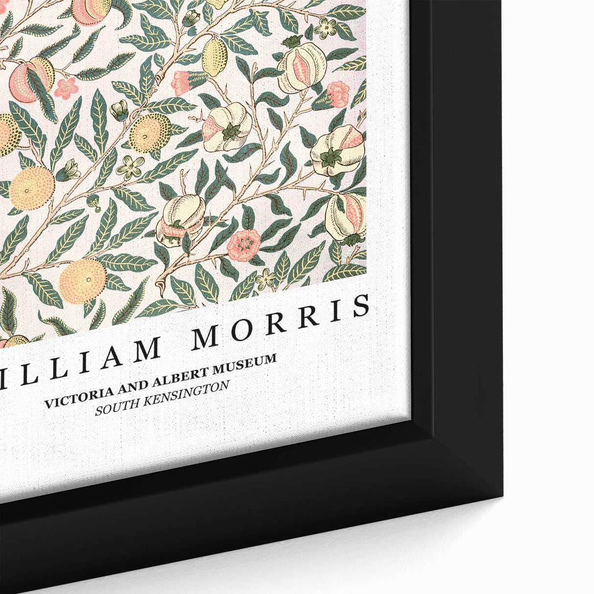 Extra large black wall art featuring a textured William Morris design in vibrant colors, framed canvas.