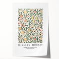 William Morris floral design in muted greens and pinks on a rolled print, suitable as art wall dining room decor.