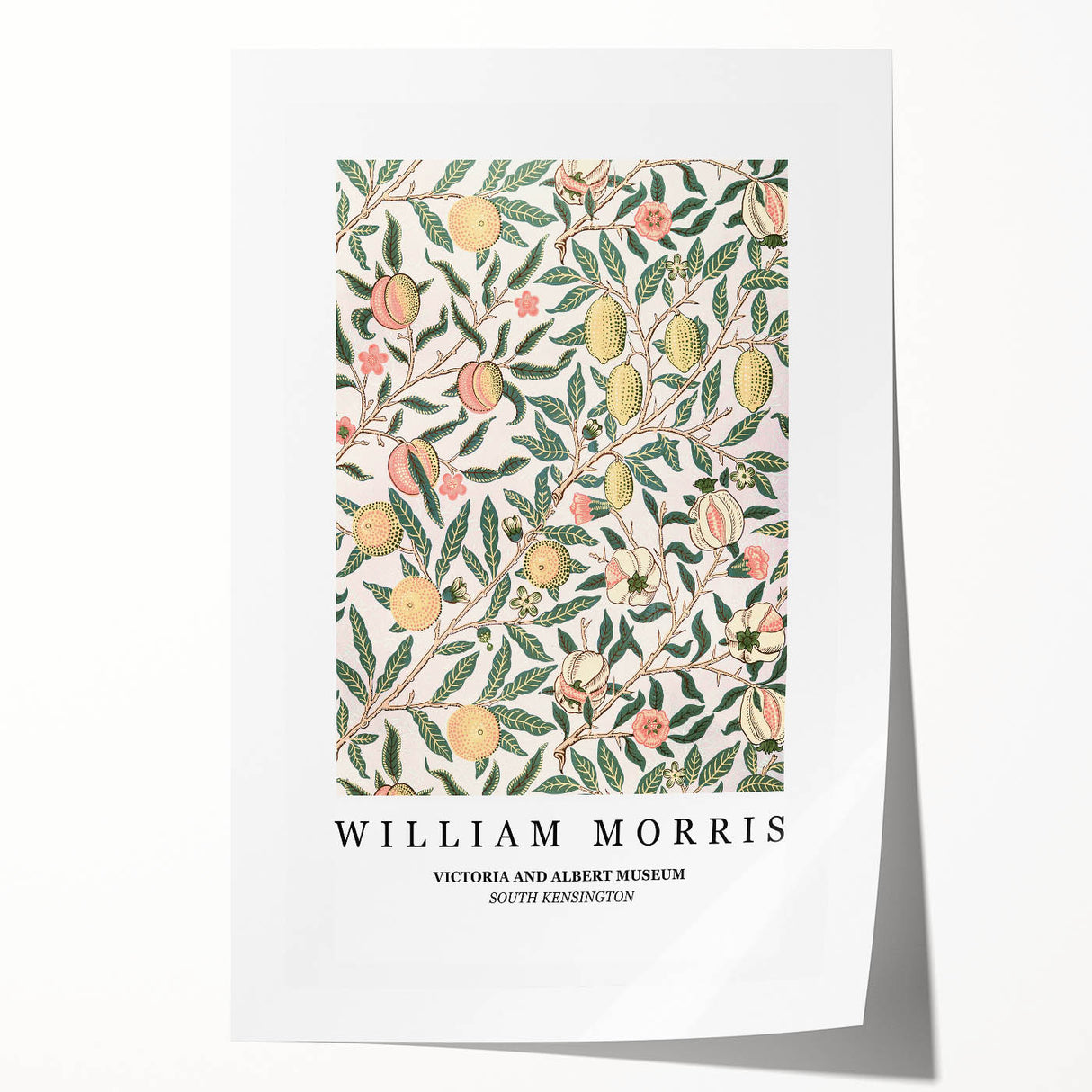 William Morris floral design in muted greens and pinks on a rolled print, suitable as art wall dining room decor.