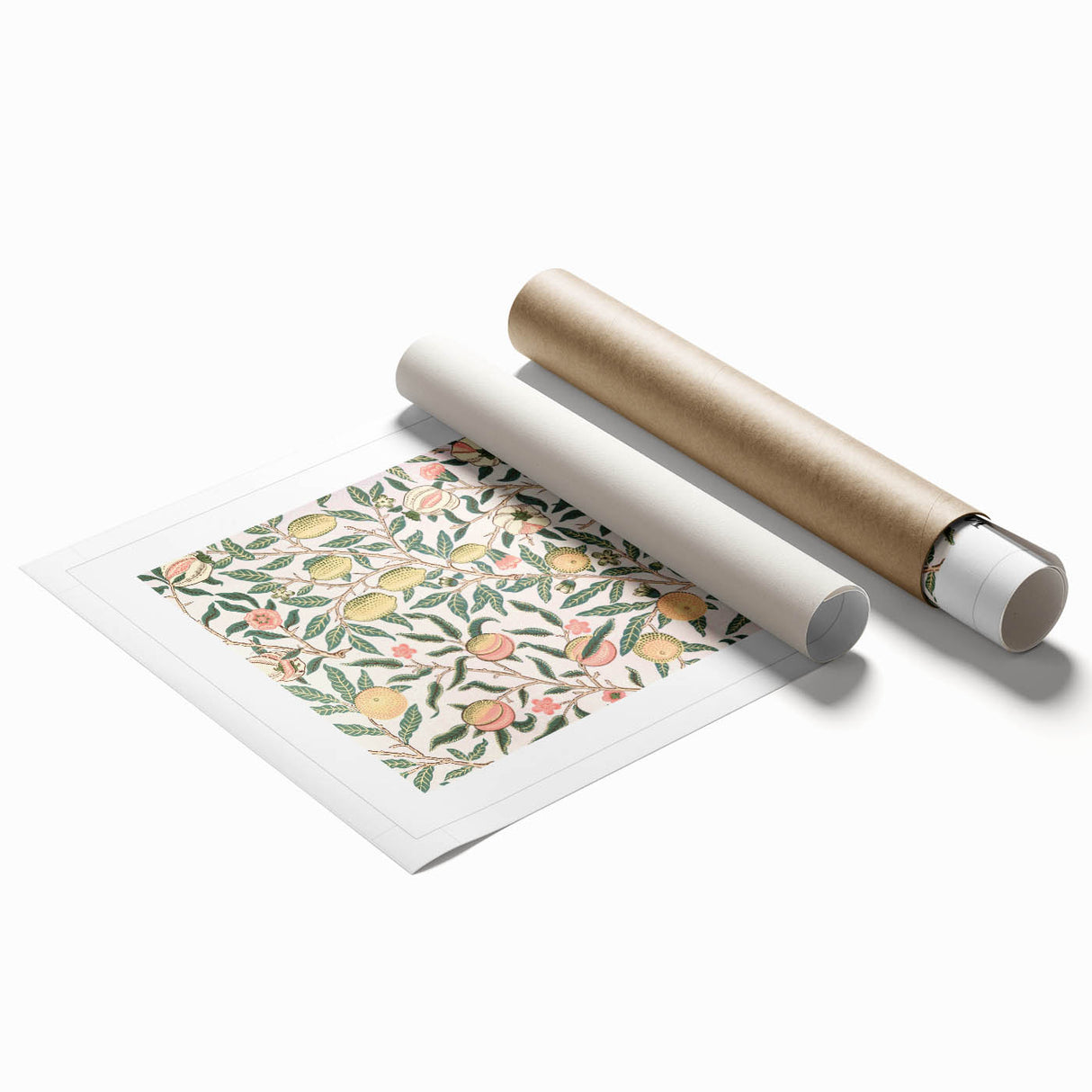 Extra large rolled print of a William Morris floral design in muted earth tones, ideal for classy bathroom wall art.