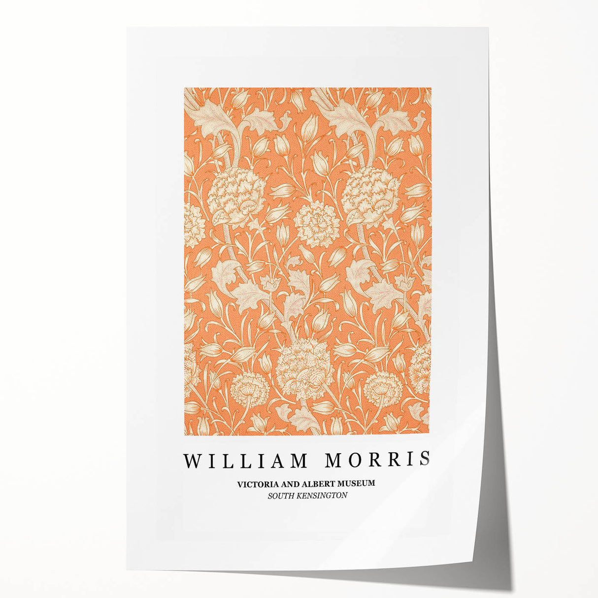 William Morris floral design in muted earth tones on a large rolled canvas, suitable for dining room or bathroom wall art.