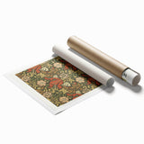 Extra large rolled print of a William Morris floral design in muted earth tones, ideal for classy bathroom wall art.
