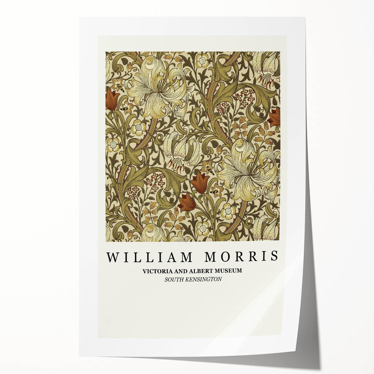 Rolled print of a William Morris floral design in soft green and pink tones, suitable for dining room or bathroom wall art.