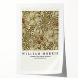 Rolled print of a William Morris floral design in soft green and pink tones, suitable for dining room or bathroom wall art.