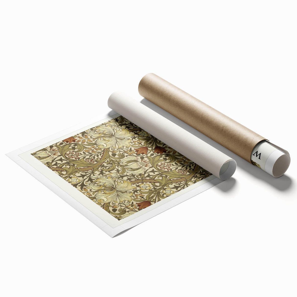Extra large rolled print featuring a William Morris floral design in muted earth tones, ideal for classy bathroom wall art.