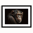 Framed wall art featuring a whimsical chimpanzee design in black and white, set against a sleek black mat and frame, perfect for modern decor.