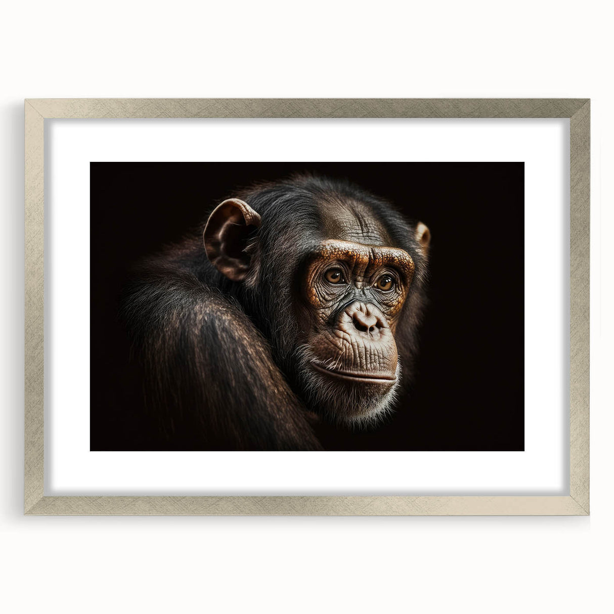 Framed wall art showcasing a whimsical chimpanzee and monkey design in a stylish silver frame with a mat, perfect for animal lovers and home decor enthusiasts.