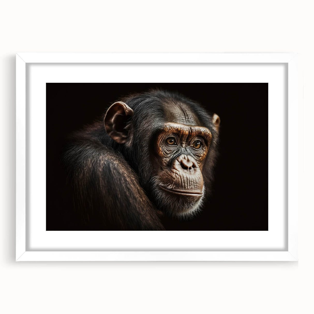 Framed wall art collection showcasing a vibrant monkey and ape chimpanzee design. The white mat enhances the colorful illustration, perfect for animal lovers.