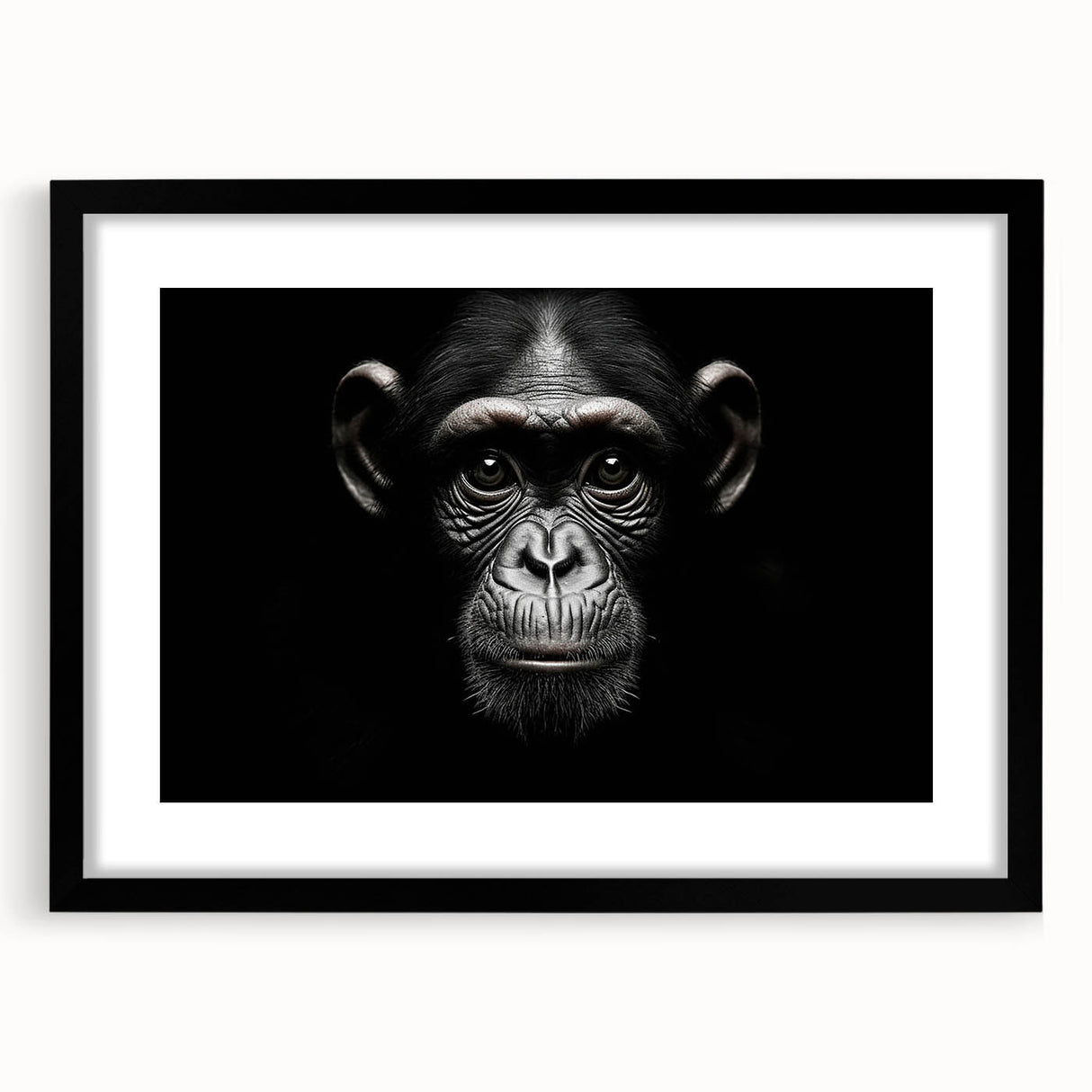 Framed wall art collection featuring a monkey and ape design with a chimpanzee illustration, presented in a sleek black frame and mat, ideal for animal lovers' decor.