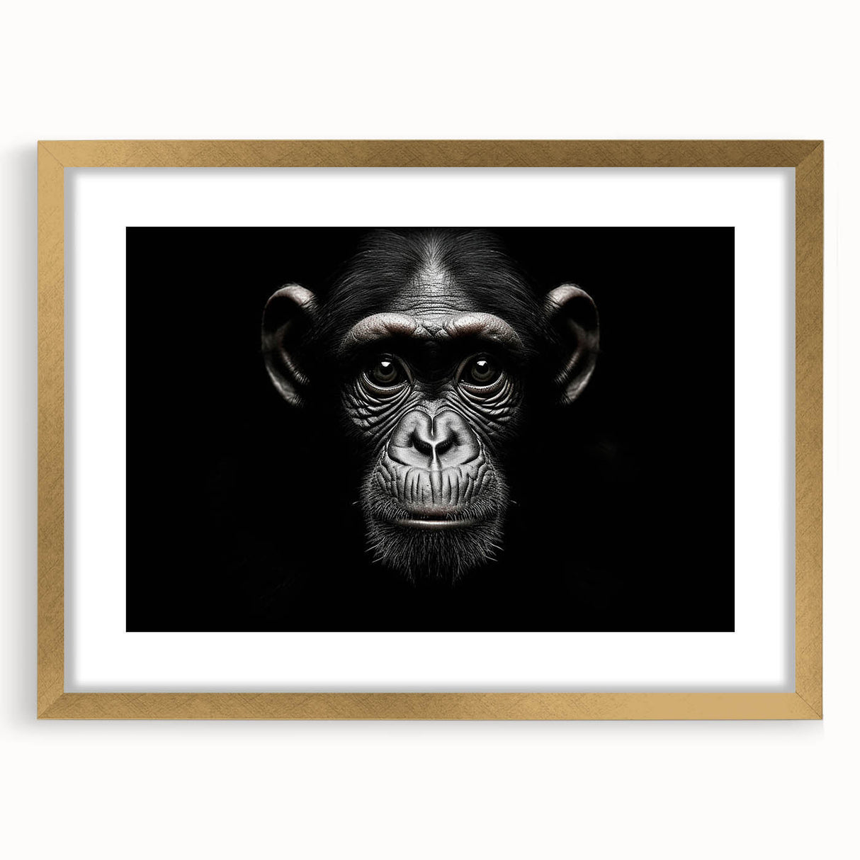 Chimpanzee wall art collection featuring vibrant designs and a gold frame, perfect for adding a playful touch to any room decor. The artwork is beautifully matted, enhancing its visual appeal and making it an excellent choice for animal lovers and modern interiors.