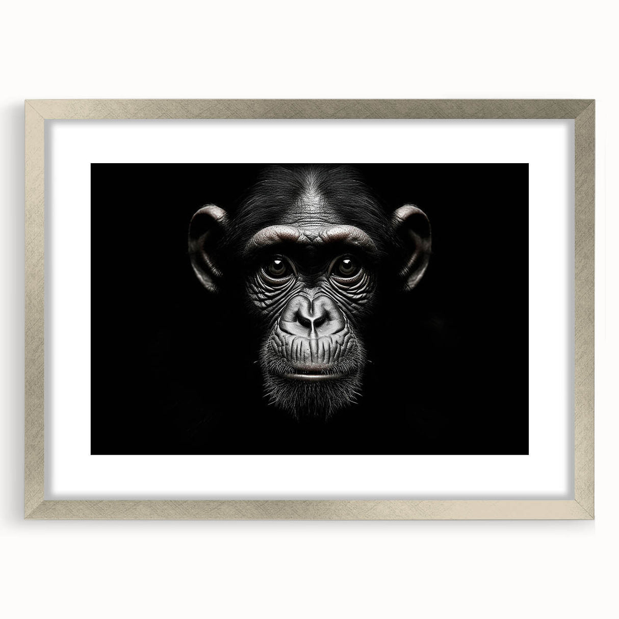 Framed wall art collection featuring a whimsical monkey and ape design, with a silver frame and mat, showcasing vibrant colors and playful expressions, ideal for children's rooms or animal-themed decor.