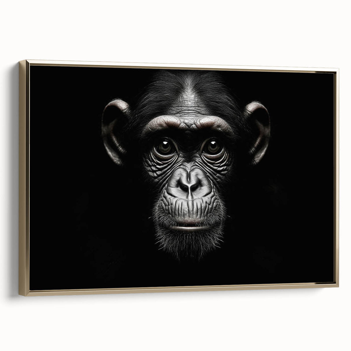 Framed canvas wall art featuring a vibrant monkey and ape chimpanzee design in gold tones, showcasing a side view that highlights intricate details and textures, perfect for animal lovers and modern decor.