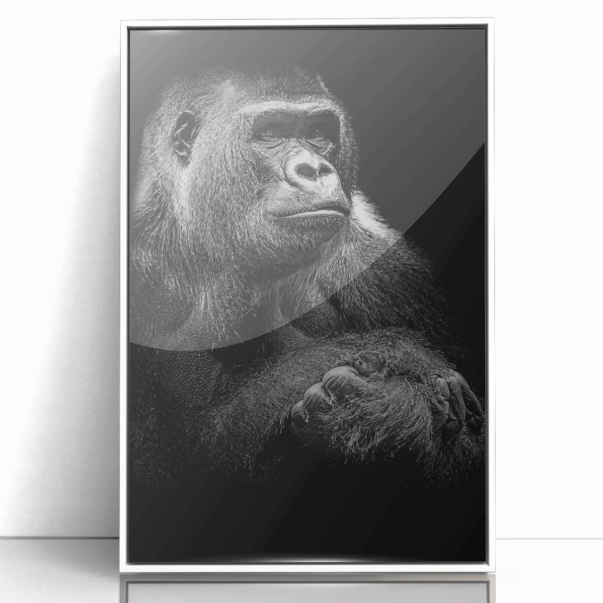 Framed wall art featuring a vibrant monkey and ape gorilla design, showcased in a sleek white frame, perfect for adding a playful touch to modern decor.