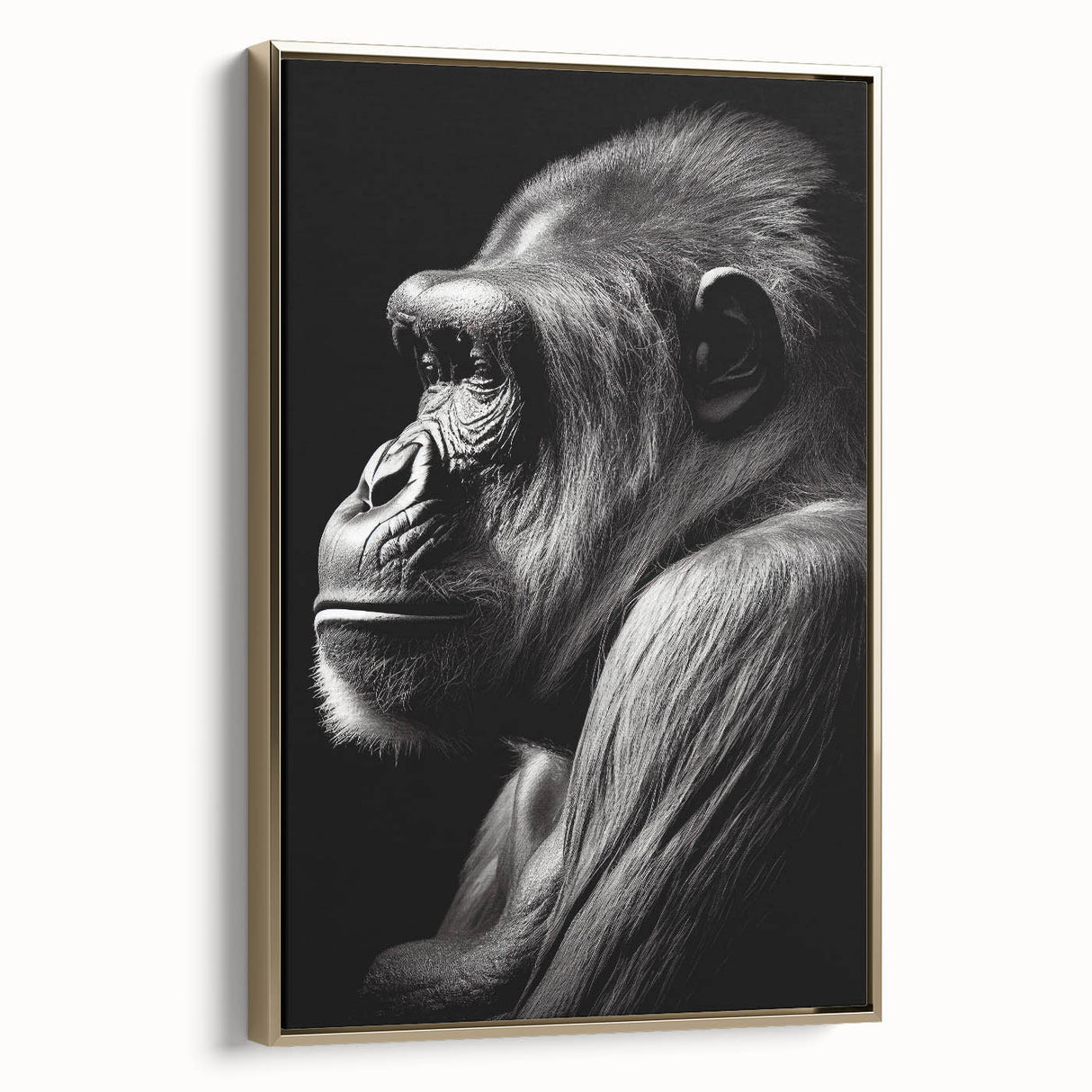 Framed canvas wall art showcasing a striking design of a monkey and ape, with a gold border, perfect for adding a touch of wildlife elegance to any space.