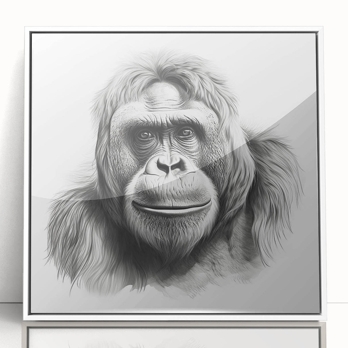 Framed wall art showcasing a vibrant monkey and ape gorilla design, featuring a sleek white frame and acrylic front, perfect for adding a playful touch to modern decor.