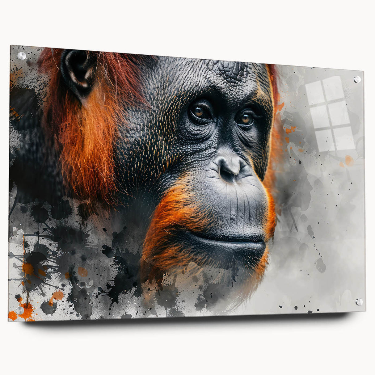Side view of a vibrant acrylic wall art piece featuring a monkey and orangutan design, showcasing detailed colors and textures, ideal for animal lovers' decor.