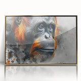 Framed wall art featuring a vibrant orangutan design with gold acrylic accents, showcasing a playful monkey and ape collection against a sleek backdrop.