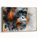 Framed canvas wall art featuring a vibrant orangutan design with gold accents, showcasing an artistic side view of the primate in a nature-themed decor style.