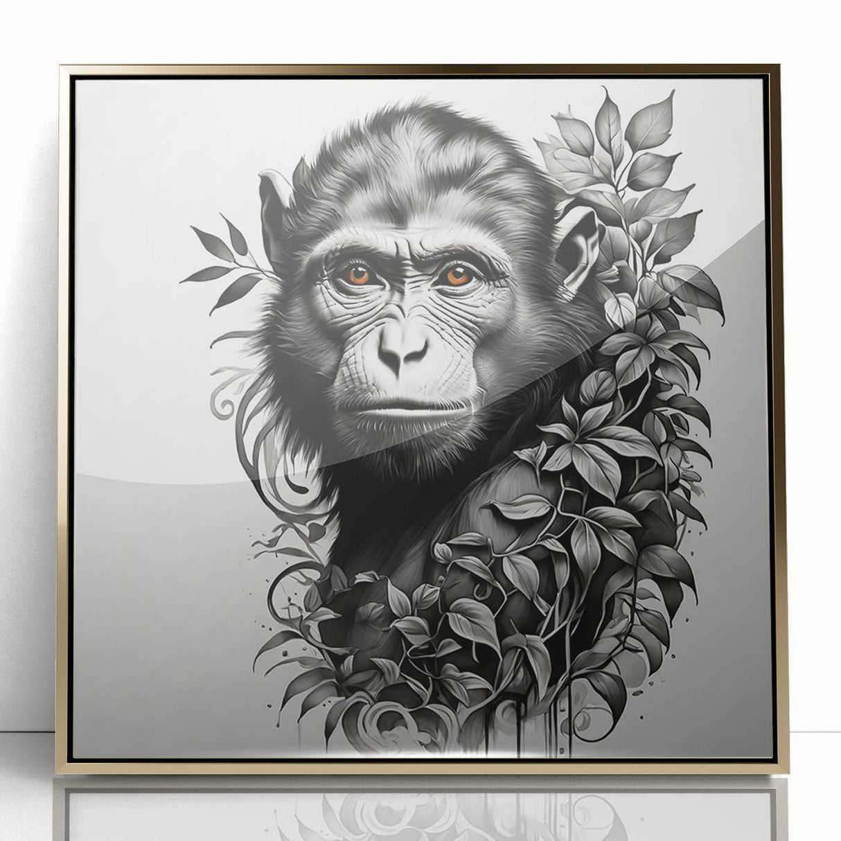 Framed wall art featuring a vibrant orangutan design in gold acrylic, showcasing detailed jungle elements, perfect for animal lovers and eco-conscious decor enthusiasts.