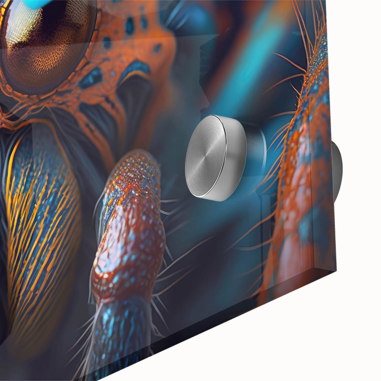 Close-up of a bird in vibrant colors on acrylic glass, ideal for dining room art with a mid-century modernist style.