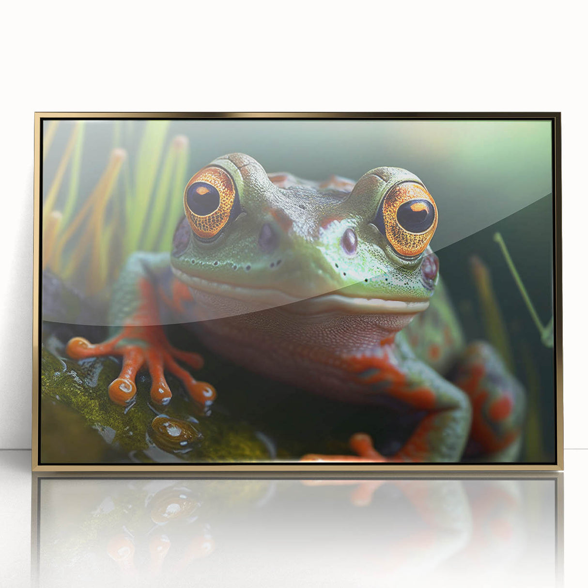 Mid-century modernist acrylic print featuring a close-up of birds, in a gold frame, ideal for nursery wall art.