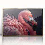 Large art print of a mid-century modernist bird design in muted gold tones, framed in acrylic.