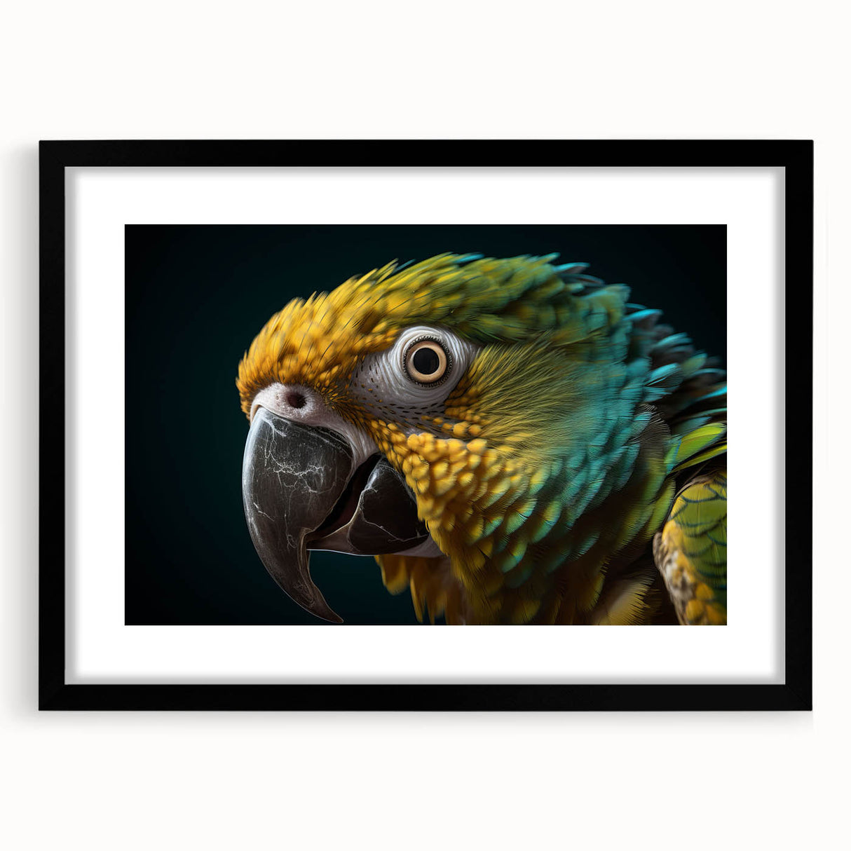 Extra large abstract art print of colorful, textured birds, framed in black, ideal for living room decor.