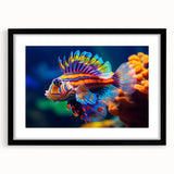 Extra large abstract art print featuring a colorful, textured depiction of birds, in a black frame.