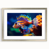 Textured art print of abstract birds in muted gray and blue tones on a framed silver mat, ideal for bedroom wall decor.