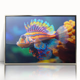 Mid-century modernist art featuring a silver-framed acrylic print of birds in muted colors, suitable for nursery wall art.