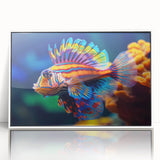 Art deco poster of vibrant tropical birds on a white acrylic frame, ideal for nursery wall art.