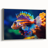 Landscape art painting featuring a vibrant, detailed bird in flight on a black background, printed on a framed canvas.