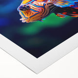 Art deco poster of vibrant birds in flight, printed on rolled canvas, ideal for dining room wall art.