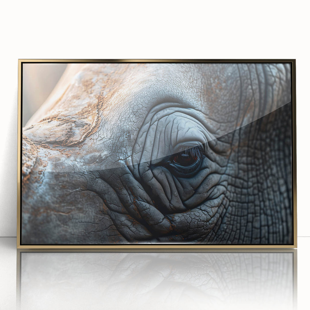 Large art print of a mid-century modernist bird design in gold and black hues on framed acrylic.