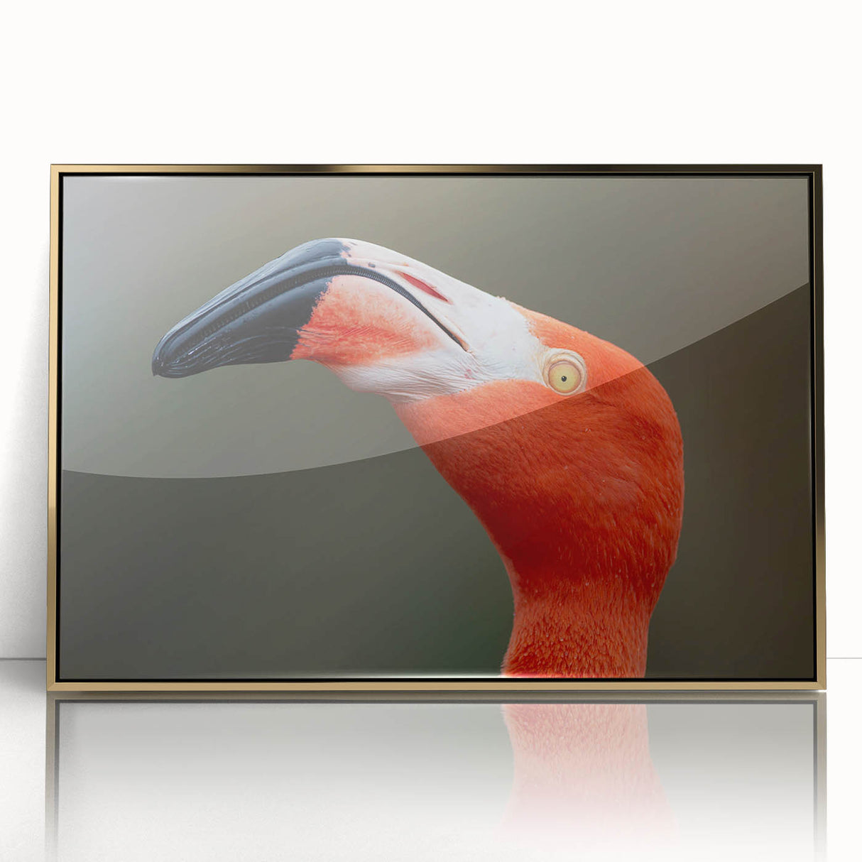 Mid-century modernist acrylic print of birds, with muted earth tones, framed in gold, suitable for nursery wall art.