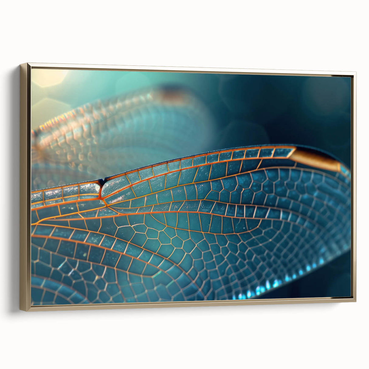 Framed canvas showing a detailed vintage poster of a landscape with birds, in muted black and gold tones.