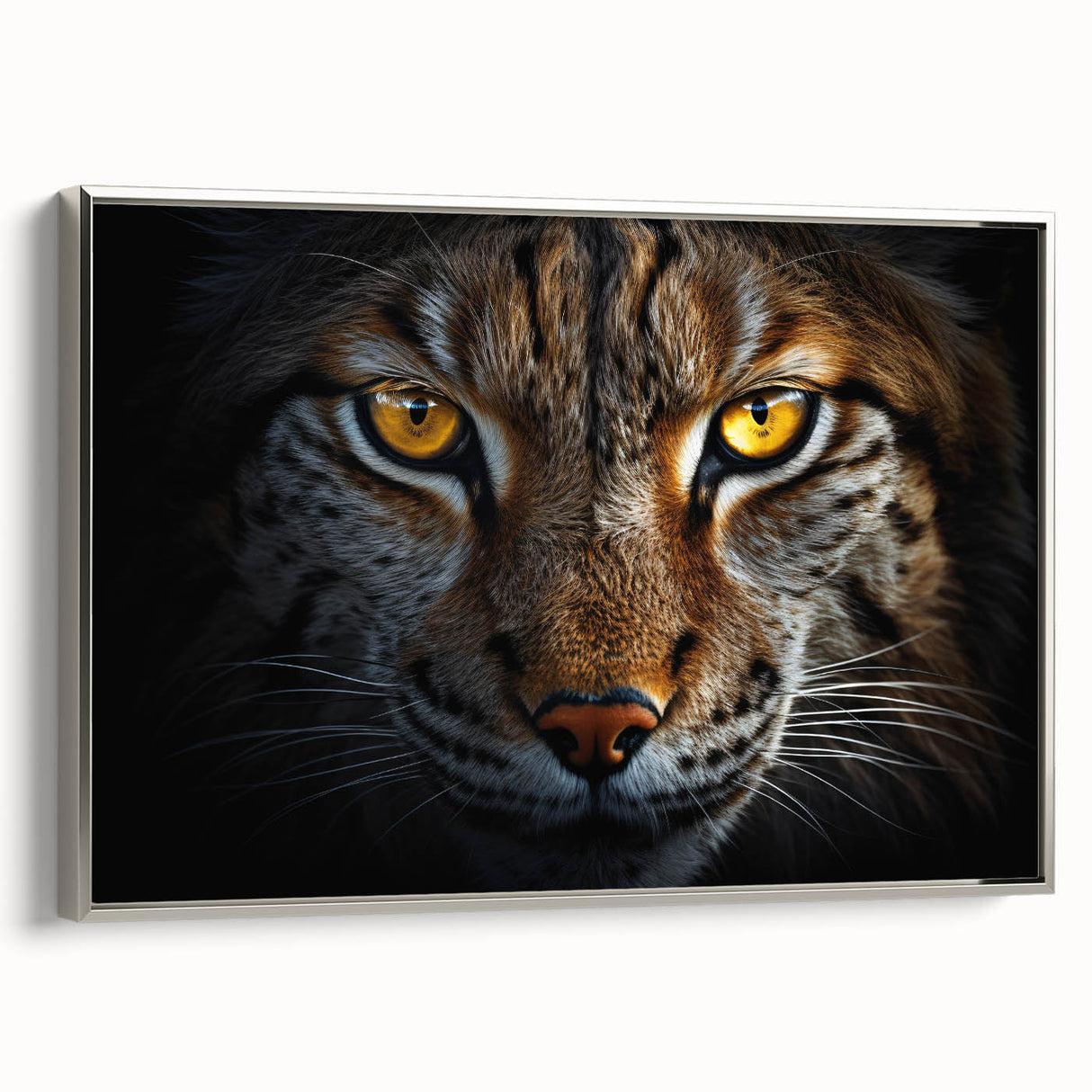 Framed canvas landscape art painting depicting colorful birds in flight on a black background.