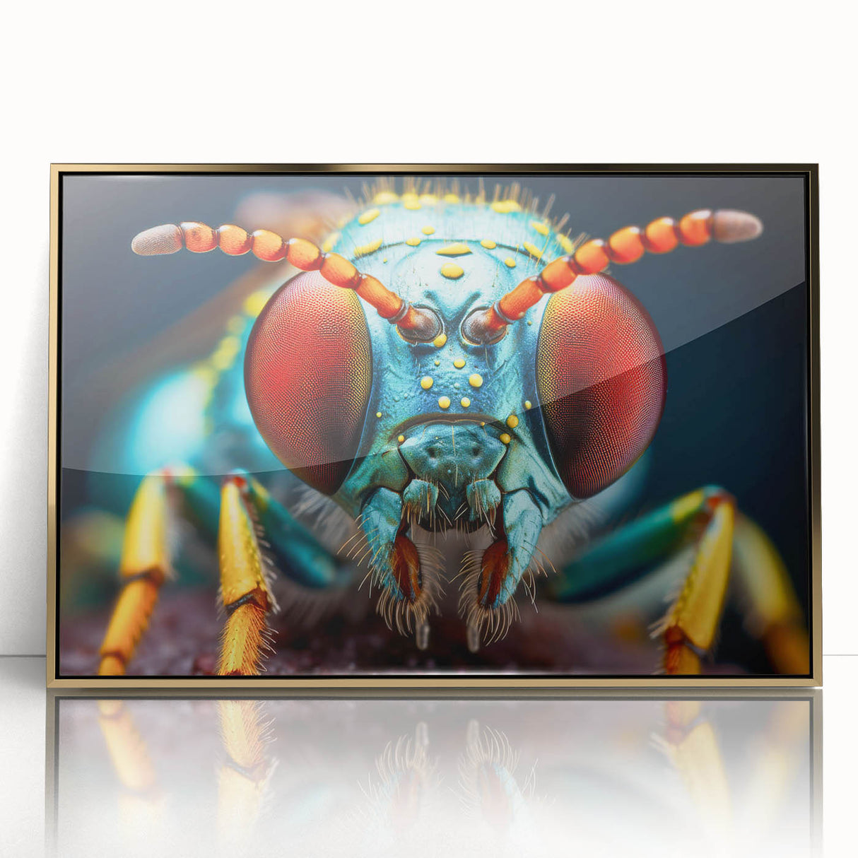 Large art print of a mid-century modernist bird design in muted gold tones on framed acrylic.