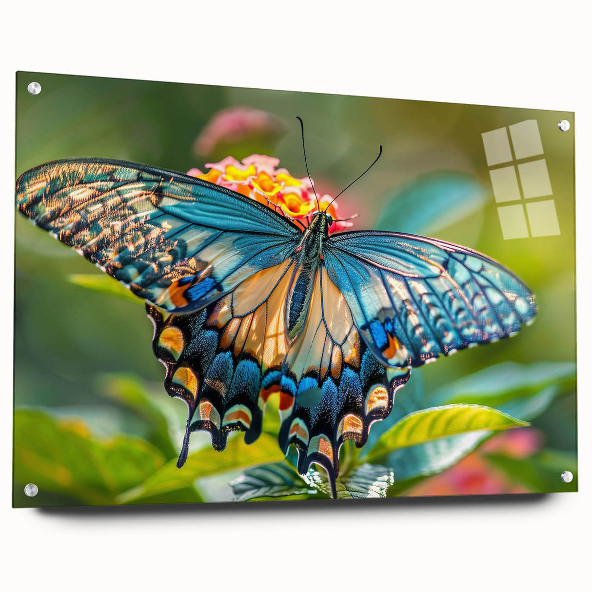 Acrylic print of a large abstract bird design in vibrant colors, ideal for dining room or bedroom decor.