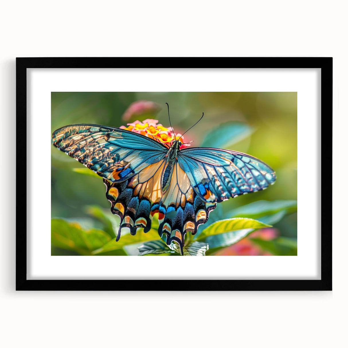 Extra large, textured abstract art print of colorful birds, in a black frame with mat, ideal for living room decor.
