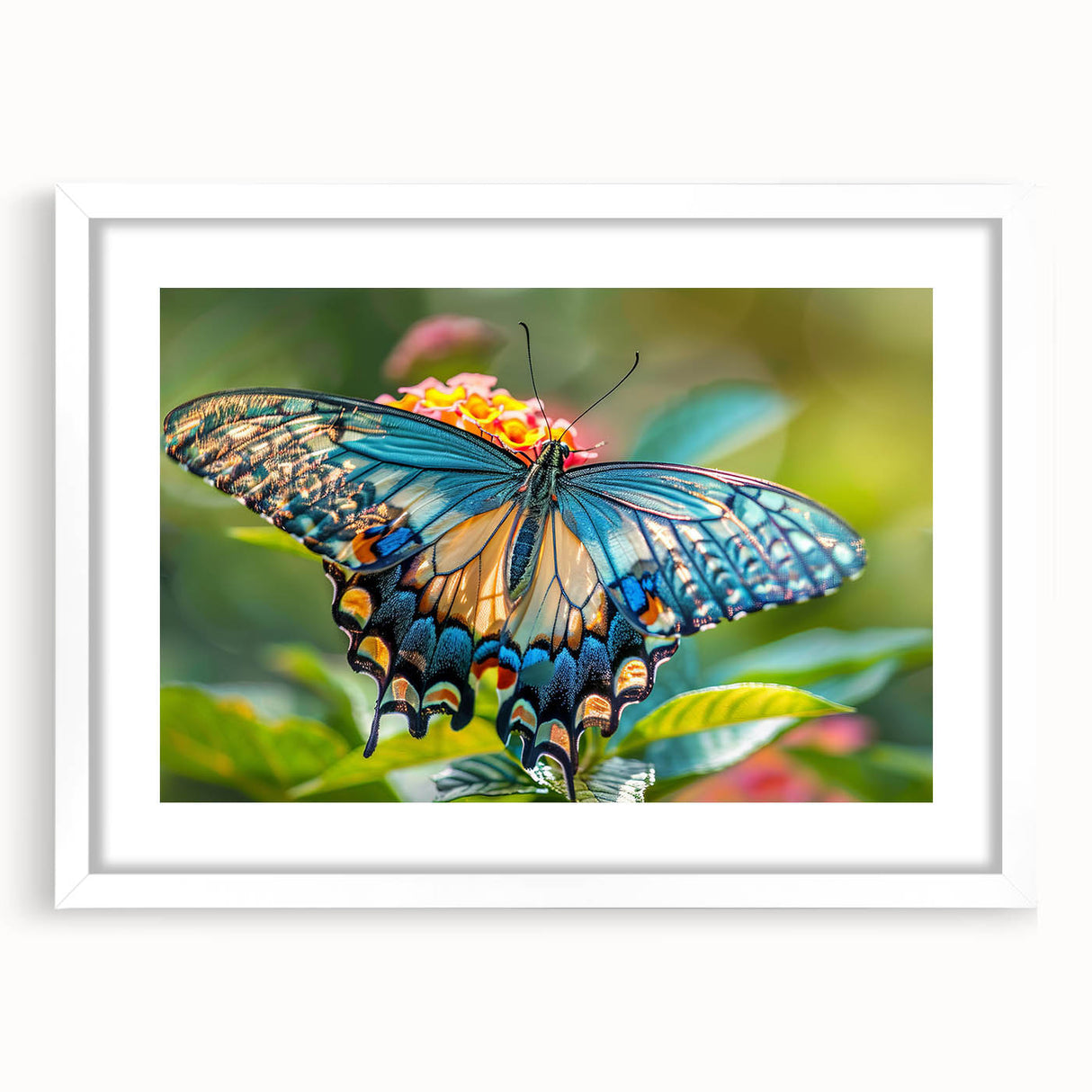Abstract art print of vibrant birds in motion on a white framed canvas, ideal for dining room decor.