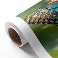 Art deco poster of colorful birds on a branch, in pastel shades on rolled canvas, ideal for nursery wall art.