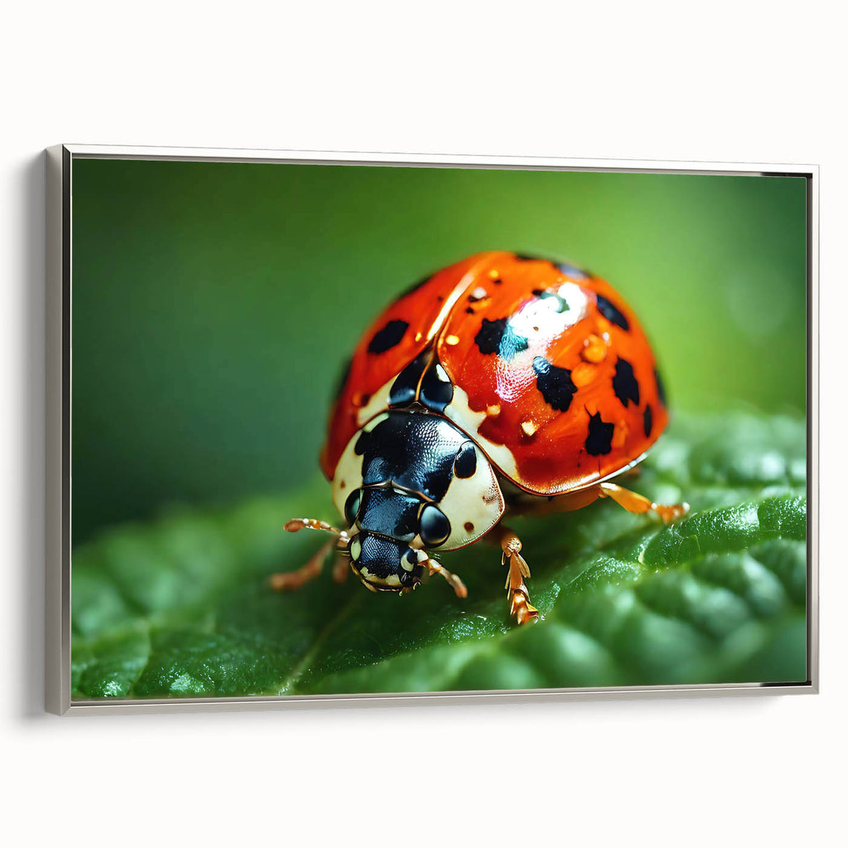 Framed canvas of a vintage landscape art painting featuring colorful birds, set against a black background.